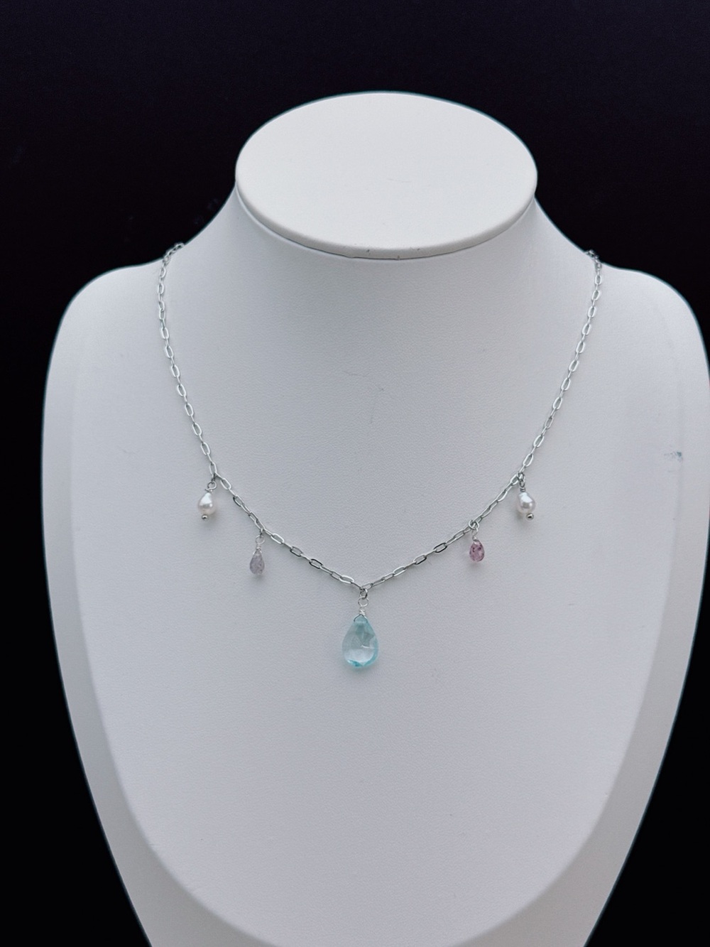 26X561 Handmade Freshwater Pearl Blue Topaz Spinel Stainless Steel Necklace 16+2